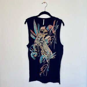 Free People Jungle Bay Black Split Tunic with Beaded Jaguar